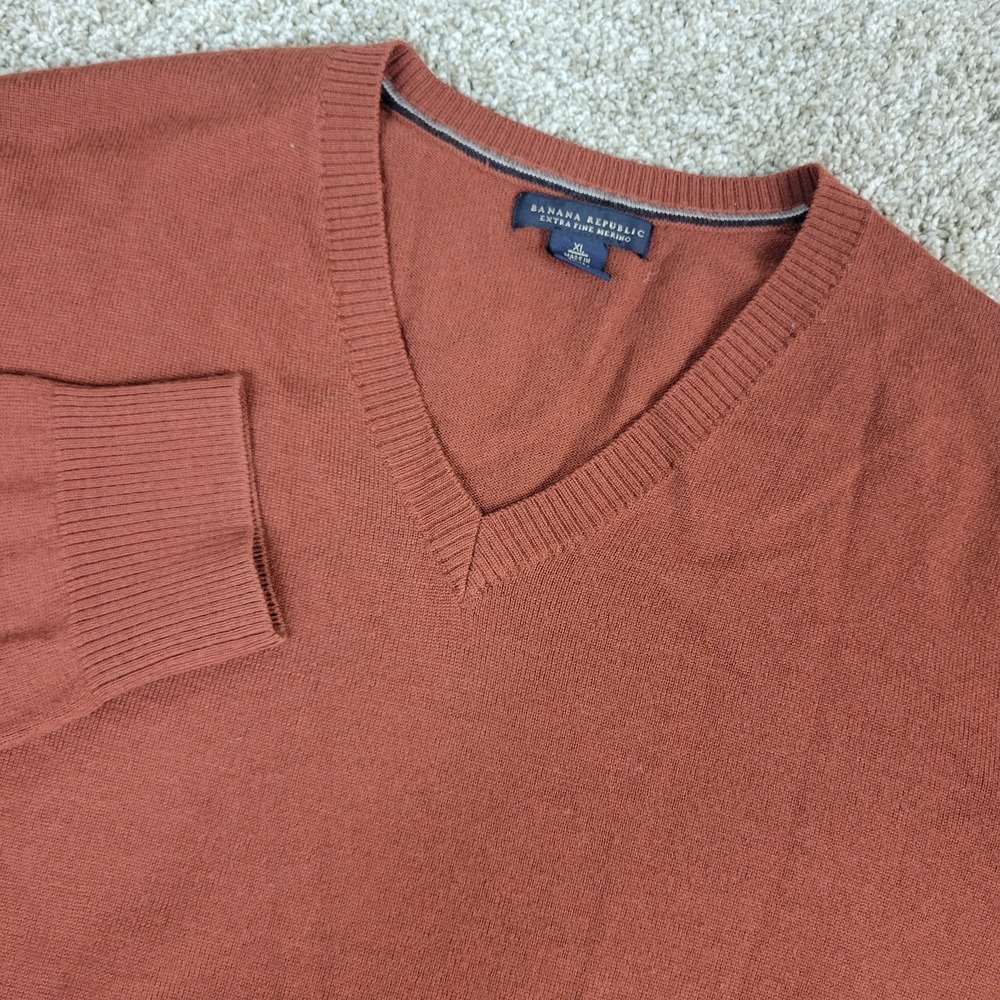 Banana Republic Mens XL Brown Stretch Knit V Neck Sweater 100% Merino Fine‎ Wool